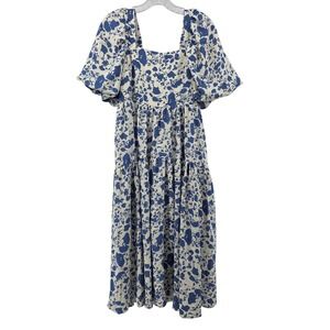 Brass and Roe Emery Dress Medium Blue Floral Puff Sleeve Tiered Midi Cottagecore